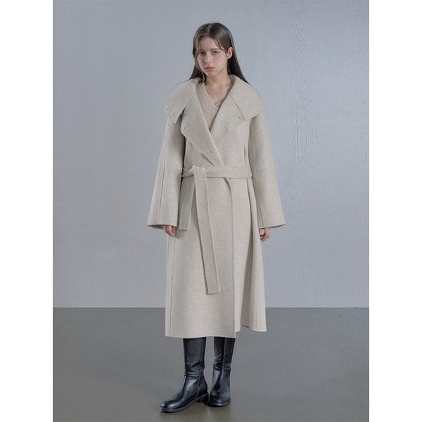 캐멀헤어 하이넥 롱 코트 - 오트밀/그레이