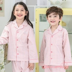 해피드림 핑크 체크 면혼방 긴팔 잠옷