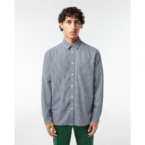 5018783 Lacoste Cotton Flannel Checked Shirt - Navy Blue / White