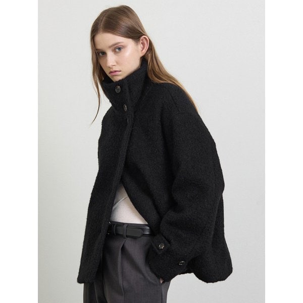 울 부클 하이넥 하프 코트 - 블랙