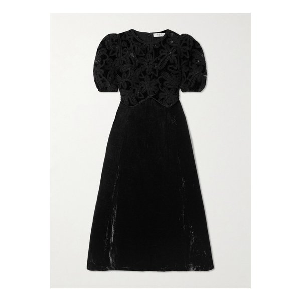 앨리스 자수 레이스 트리밍 벨벳 미디 드레스 블랙 1647597343649723