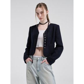 V-Neck Strap Tweed Jacket, Dark Navy