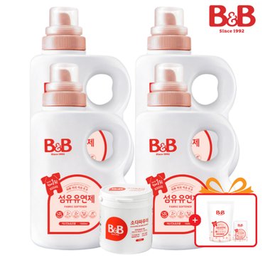 비앤비 섬유유연제 자스민향 1500ml 용기형 4입 + 소다파우더 1입+증정품_J826