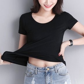 여성 유넥 U넥 슬림 반팔티 기본티 이너 티셔츠 면티 실켓 흰