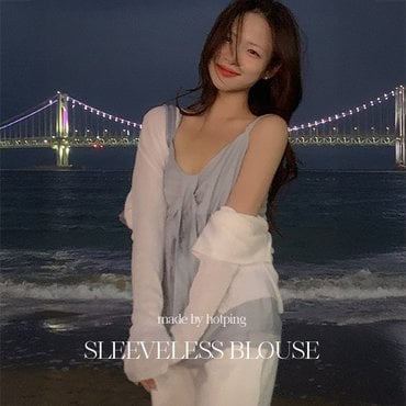 핫핑 헤이니 쉬폰 배색 리본 슬리브리스 블라우스P000CQIN