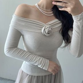 카즈코 울 코사지 브로치 긴팔 오프숄더 데일리 간절기 티셔츠  3COLOR _P371536169