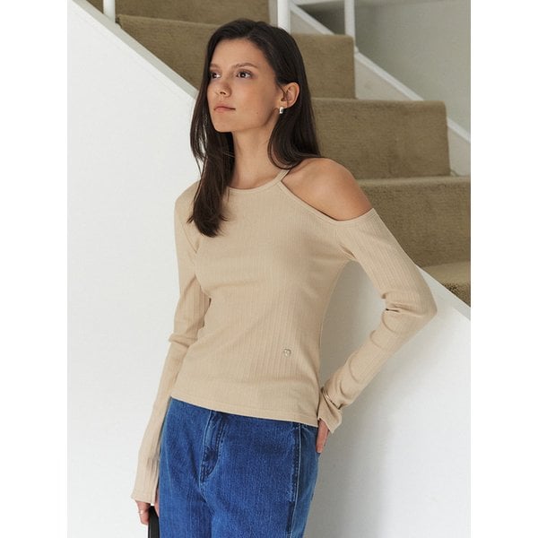 숄더 컷아웃 긴팔 티셔츠_LIGHT BEIGE