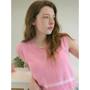 Summer V-neck Color Matching Knit Sleeveless (Pink)