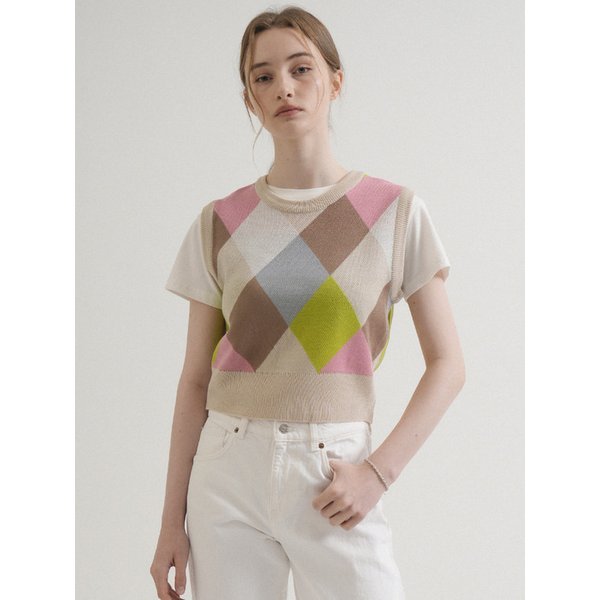 Round Coloration Knit Vest (Beige)