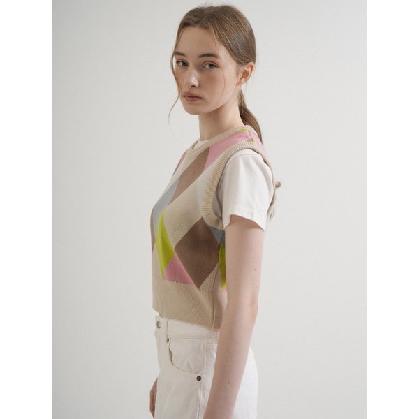 Round Coloration Knit Vest (Beige)