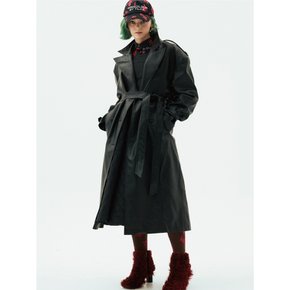 Faux-Leather Belted Double-Breast Trench Coat