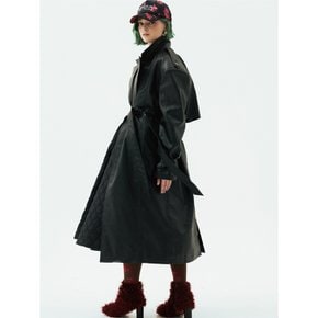 Faux-Leather Belted Double-Breast Trench Coat