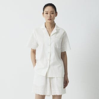 JAJU 여 60수 코튼 아일렛 펀칭 3부 파자마 세트(IVORY / NAVY)