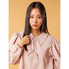 미디 크롭 퍼프 리본끈 스트라이프 긴팔 셔츠 [PINK]