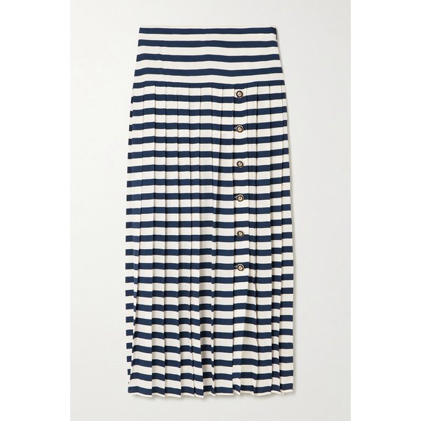 우나 플리츠 스트라이프 실크 크레이프 드 신 미디 스커트 46376663162989138
