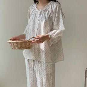 말리꽃아사면 단추레이스 투피스 잠옷세트 7부반팔 실내복 상하의 여성파자마_P430080088