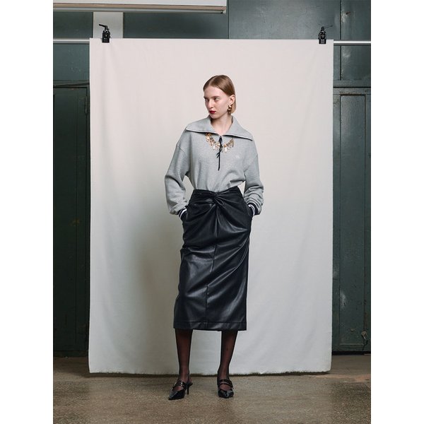 BLACK FAUX LEATHER FRONT TWISTED MIDI SKIRT