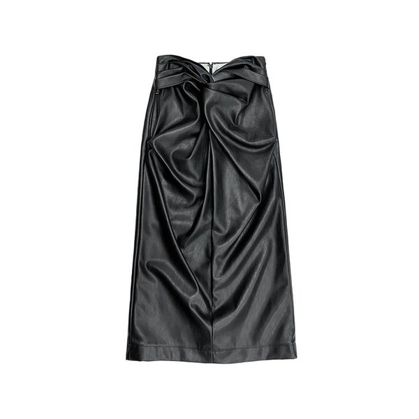 BLACK FAUX LEATHER FRONT TWISTED MIDI SKIRT