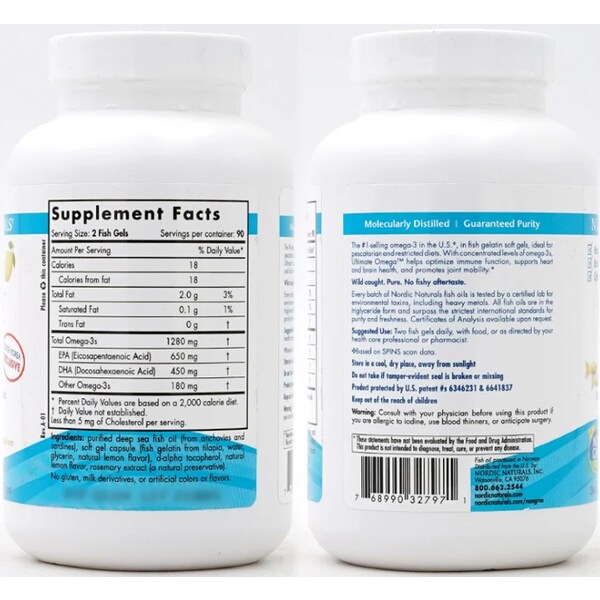 노르딕 내추럴스 얼티메이트 오메가3 피쉬 젤라틴 1280mg,180정 X 2통 (레몬맛)