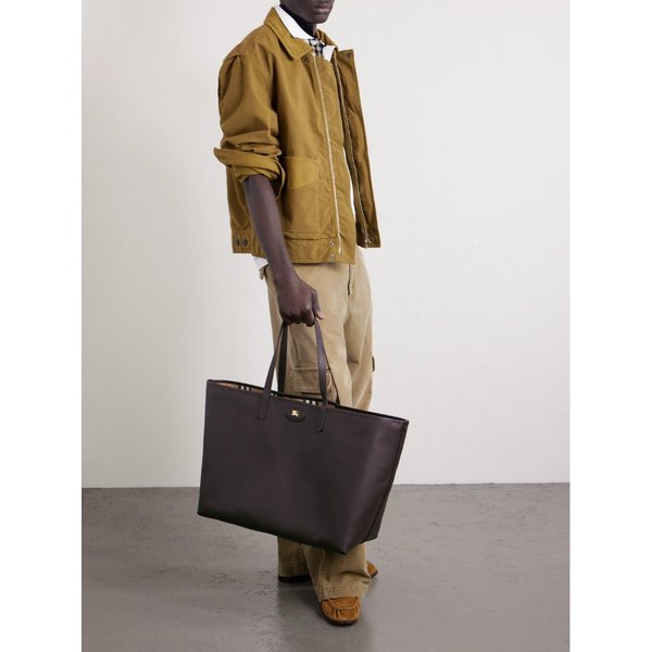 라지 리버시블 풀그레인 가죽 체크 캔버스 토트백 46376663162993572