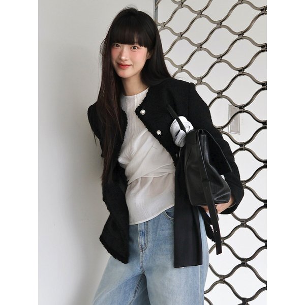 [뉴뉴 PICK] Fringe trimming tweed jacket [KNSS05JK04]_Black