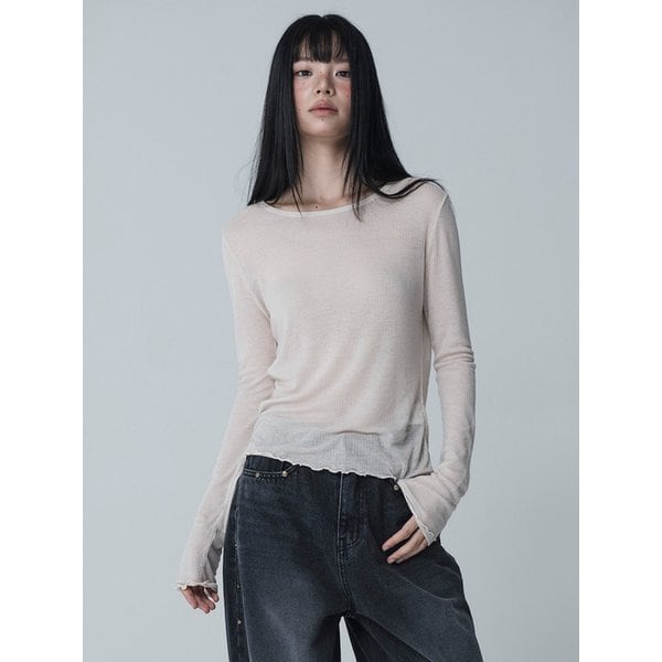 [리퍼브]SEE-THROUGH ROUND NECK SHIRRING TSHIRT_PINK BEIGE