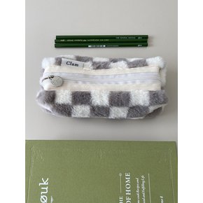 round pencilcase _ Fur Gray Checkerboard