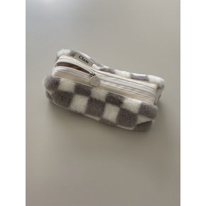 round pencilcase _ Fur Gray Checkerboard