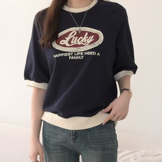 데일리앤 해피스트 여성 쭈리 면 루즈핏 프린팅 배색 나그랑 반팔 크롭 맨투맨 티셔츠
