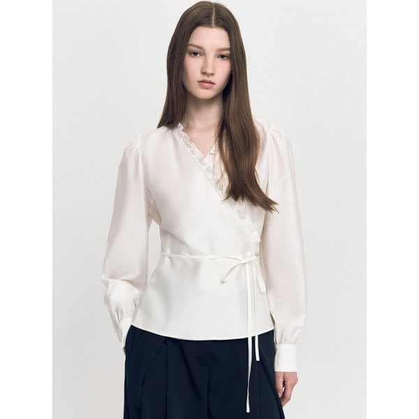 Frilled Diagonal Wrap Blouse IVORY
