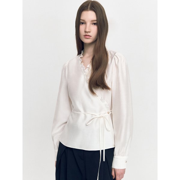 Frilled Diagonal Wrap Blouse IVORY