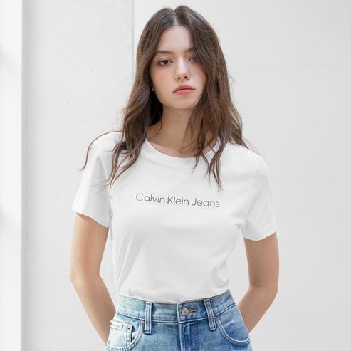 Calvin Klein Jeans 여성 슬림핏 인스티튜셔널 로고 반팔 티셔츠(47AB803)