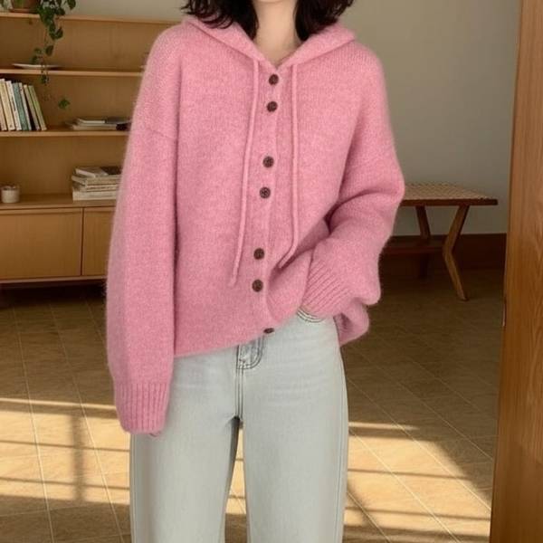 확대된 대표 보니제이 / 겨울 여성 무지 루즈핏 베이직 5컬러 후드니트 가디건