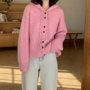 보니제이 / 겨울 여성 무지 루즈핏 베이직 5컬러 후드니트 가디건