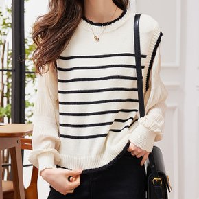단가라 라운드넥 조끼레이어드 블라우스 7CECBF_P353320122