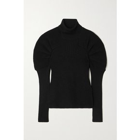 Karine Gathered Ribbed Merino Wool Turtleneck Sweater 블랙