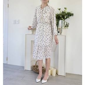 봄 쉬폰 롱원피스 리본 카라 꽃무늬 플로럴 나염 퍼프 소매 66 77 40대 50대 미시 중년  하객룩