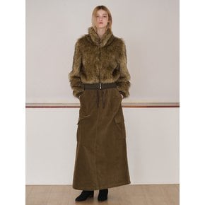 High-Neck Fur Zip-Up Jacket, Khaki Brown