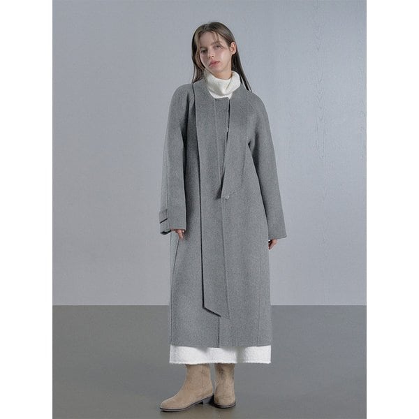울 스카프 핸드메이드 롱 코트 - 그레이/크림