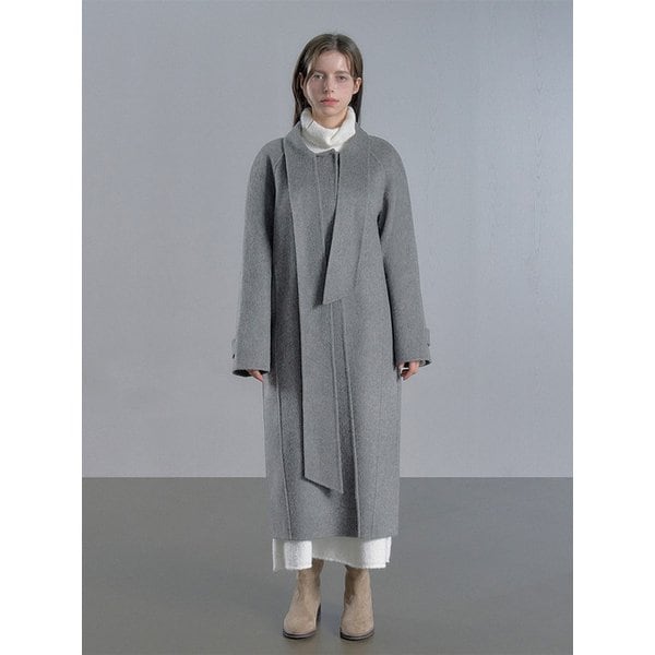 울 스카프 핸드메이드 롱 코트 - 그레이/크림