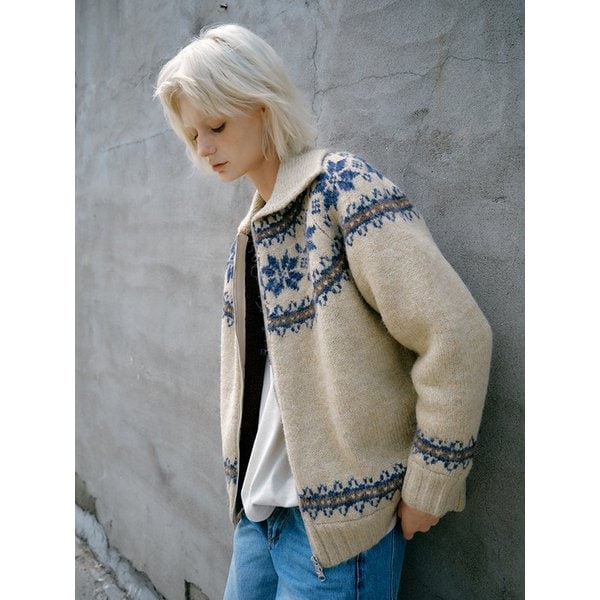 Shearling Nordic Zip Cardigan (Beige)