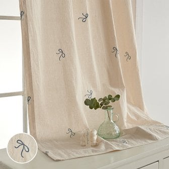  워싱 광목 리본자수 봉집형 가리개 커튼 90x150cm