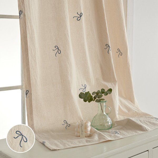 워싱 광목 리본자수 봉집형 가리개 커튼 90x150cm