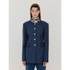 VASE Round Neck Long Jacket - Navy/Cream Stripe