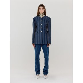 VASE Round Neck Long Jacket - Navy/Cream Stripe