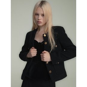 Classic black tweed jacket with unique buttons