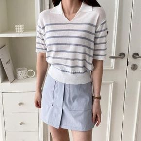 여자 캐주얼 카라넥 기본핏 줄무늬 여름니트 티셔츠2