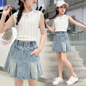 여아용 플리츠 데님 치마바지 청 스커트 7929_P428639532