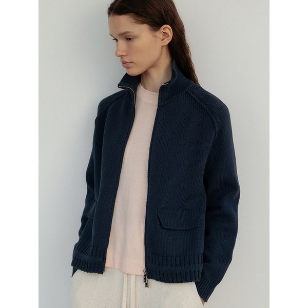 Tube cotton drawstring hem zip-up jacket_Deep sea
