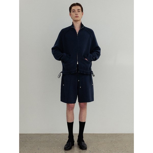 Tube cotton drawstring hem zip-up jacket_Deep sea
